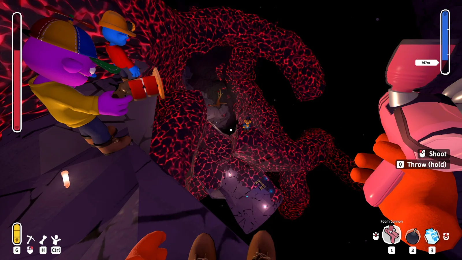 Three Pratfall characters exploring a glowing red lava cave with a foam cannon visible in first person