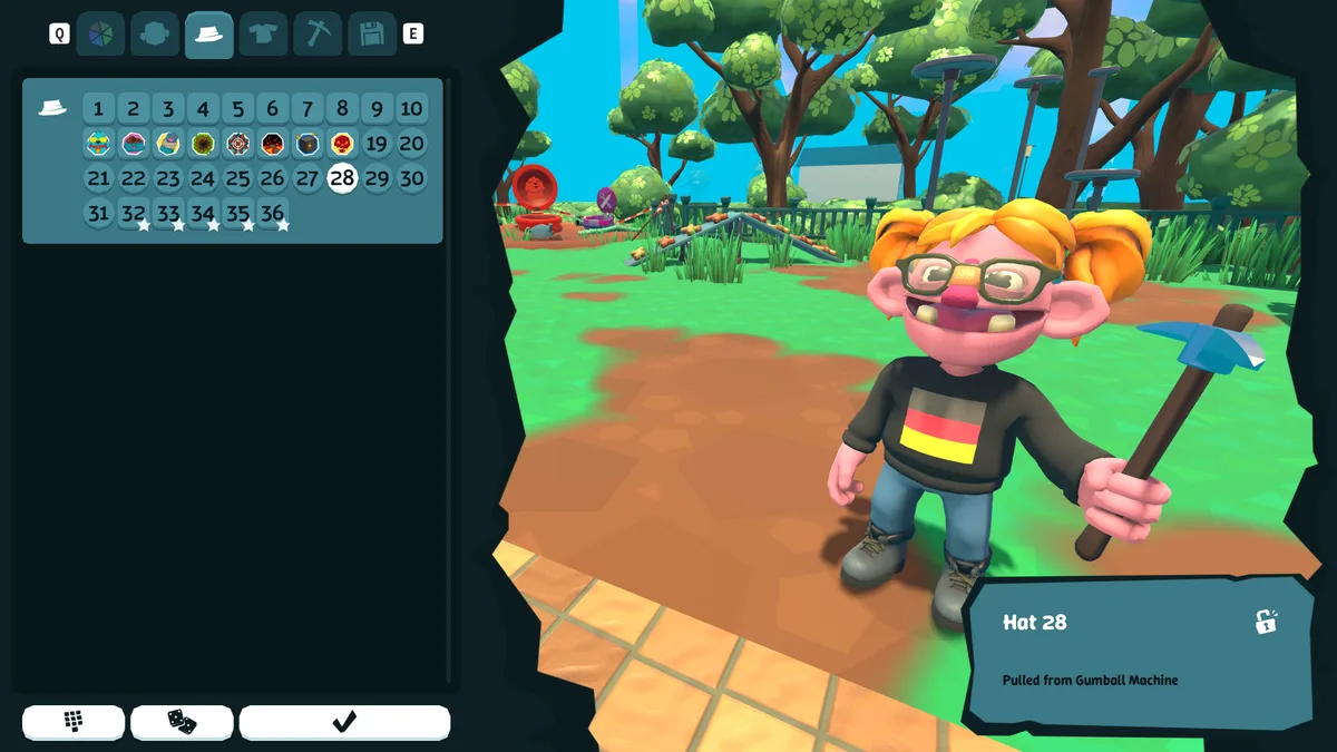 Pratfall character customization screen with a numbered hat grid and a tooltip reading Hat 28, Pulled from Gumball Machine