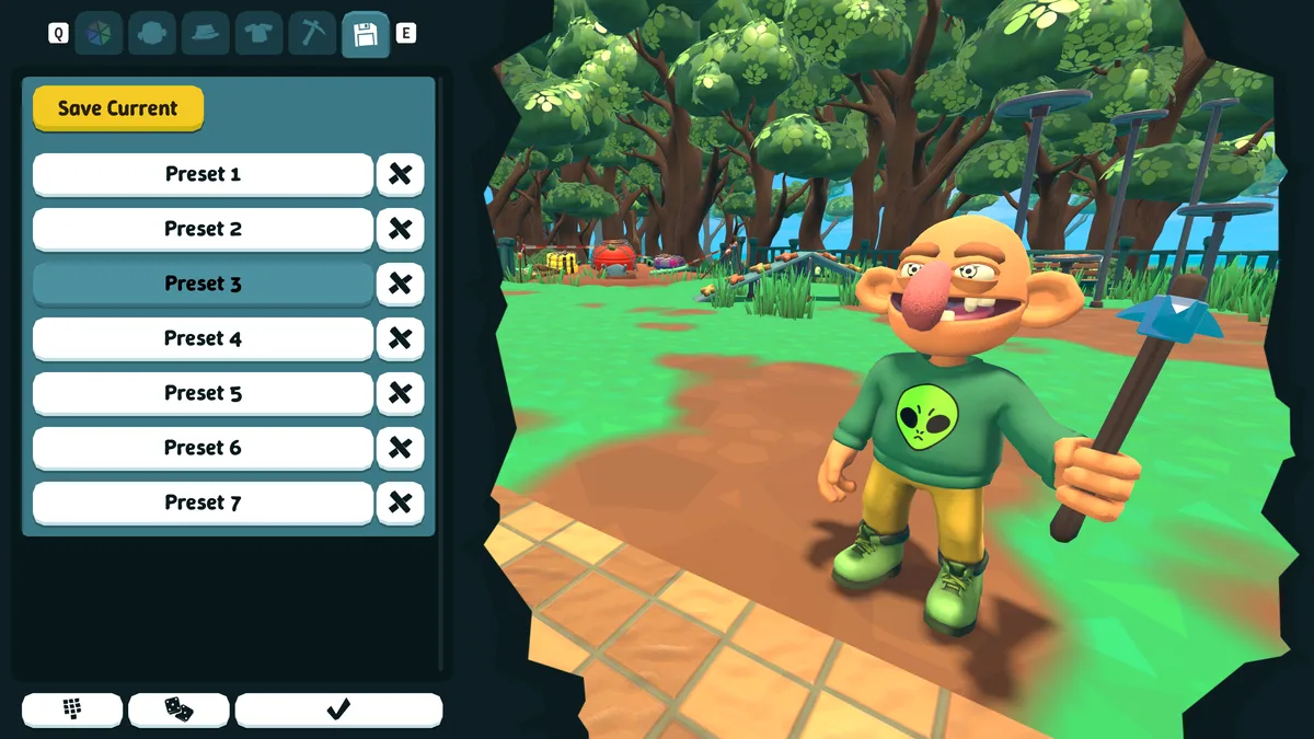 Pratfall outfit screen with seven preset slots and a Save Current button beside a character in an alien shirt holding a pickaxe