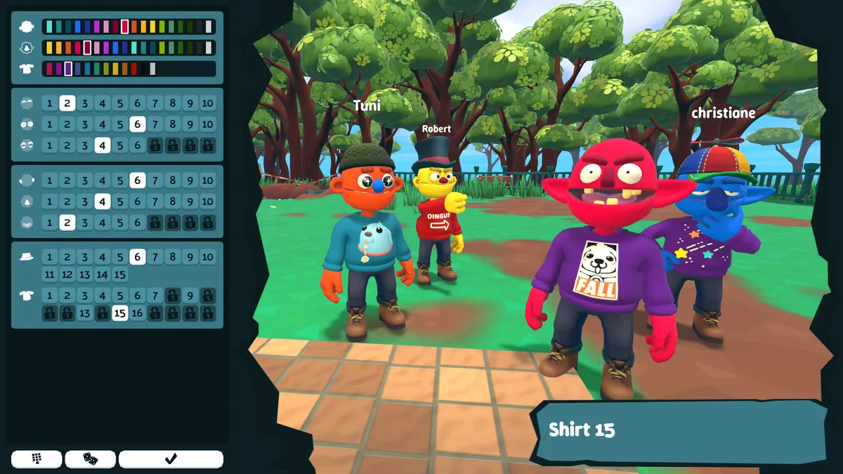 Pratfall four-player co-op session with all players falling through a dirt cave biome, proximity chat indicators visible above each character