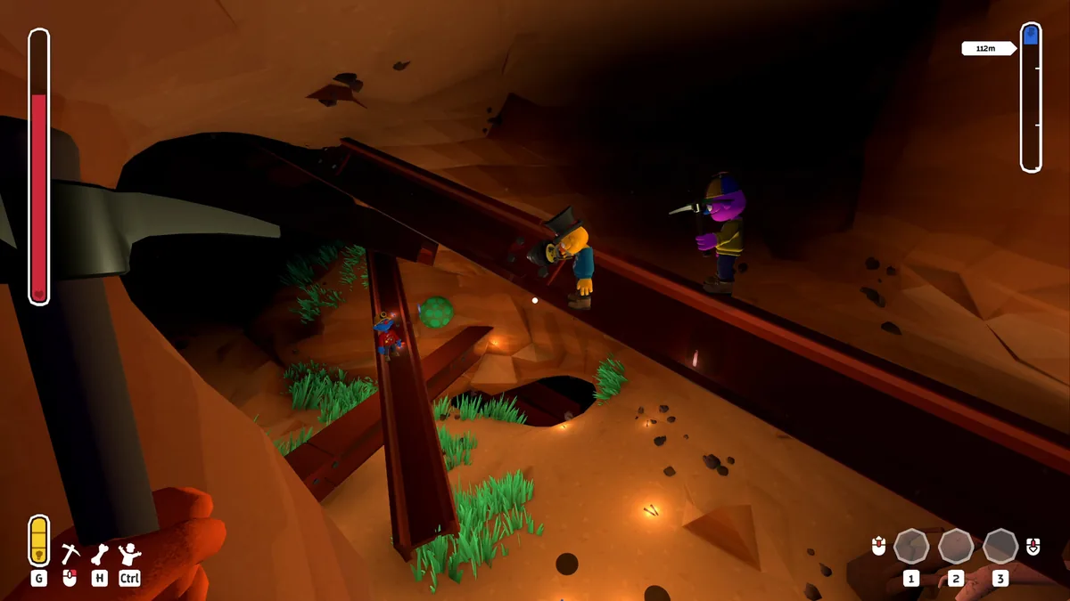 Pratfall character at the edge of a drop with pickaxe equipped, cave biome stretched out below with chests and items visible at the bottom