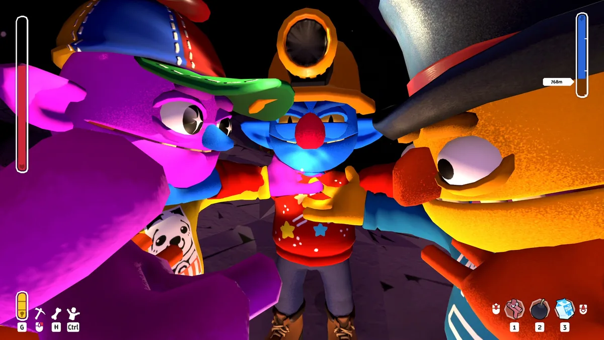 Three Pratfall characters huddled in a catch moment, a plush dog toy visible tucked against one player's chest