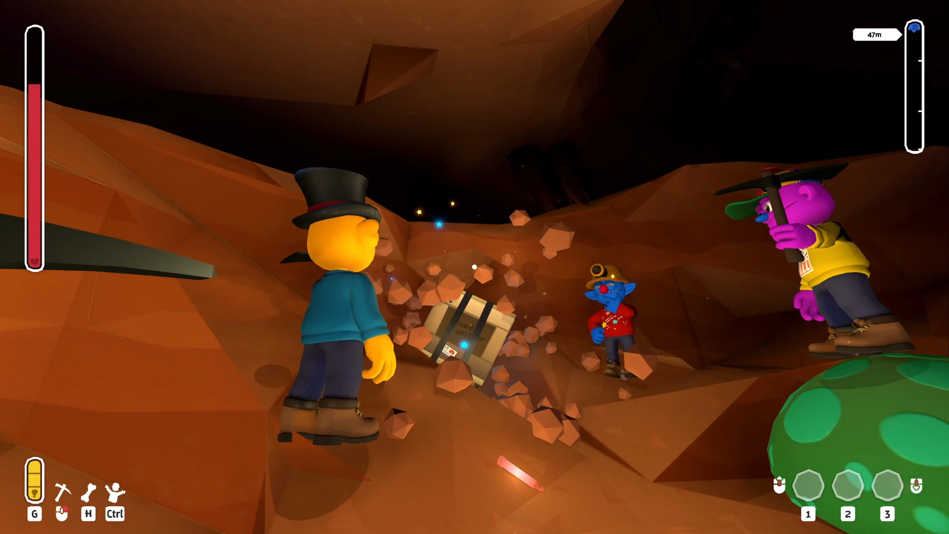 Pratfall four players falling through ice cave with flare light reflecting off frozen stalactites and slippery platforms below