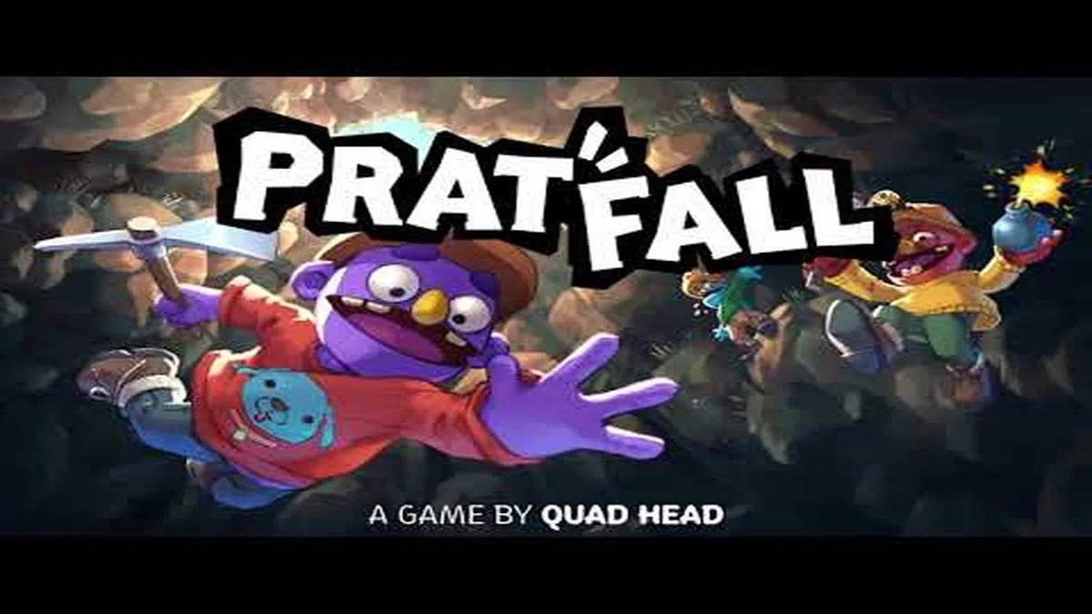 Pratfall team of four mid-fall through a cave chamber, one player catching another who is falling faster ahead