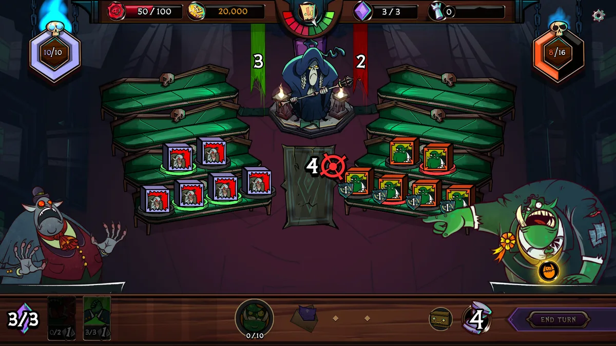 Prime Monster parliament debate arena showing two opposing monster MP factions seated at green-lit benches, player health bar 50/100 and political capital 3/3 visible at top