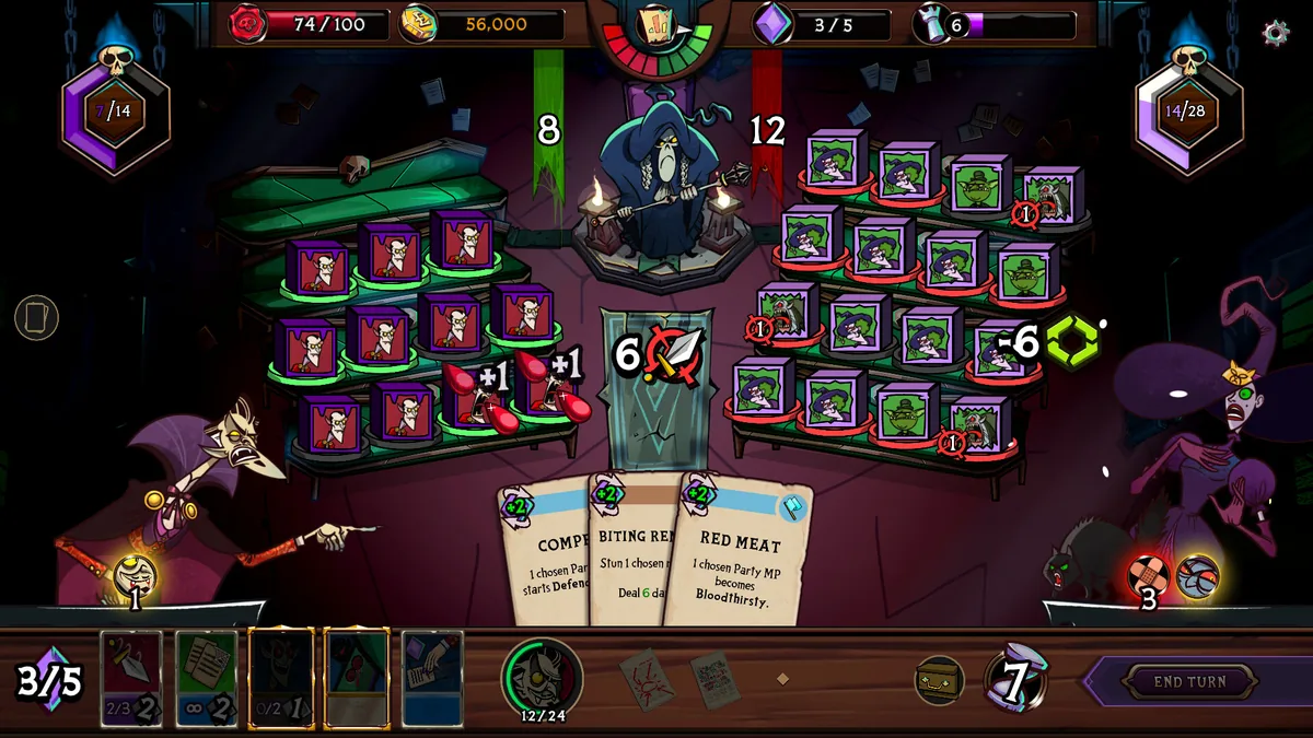 Prime Monster debate screen with three Tactic cards in hand, Compromise, Biting Remark, and Red Meat, party health 74/100 and 56,000 gold visible