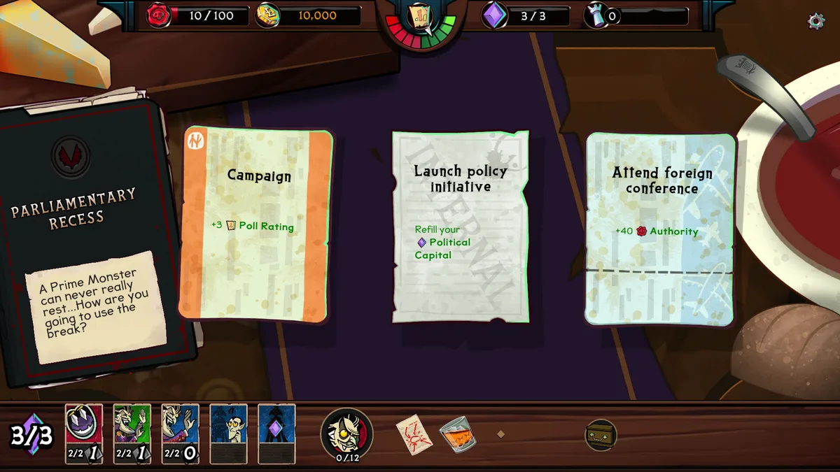 Prime Monster Shrieker of the House confrontation screen showing the parliamentary enforcer figure with a warning indicator, during a debate session with damage cards in hand