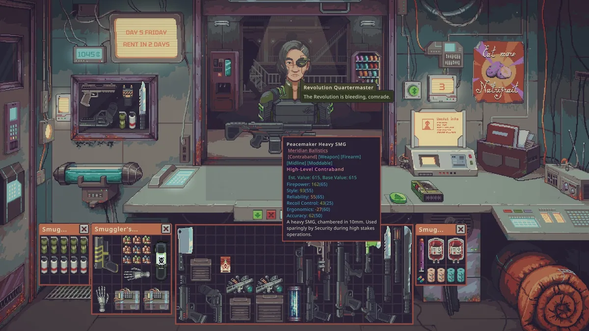 Revolution quartermaster at the counter beside a Peacemaker Heavy SMG tooltip marked high-level contraband with an estimated value of 615, two days before rent