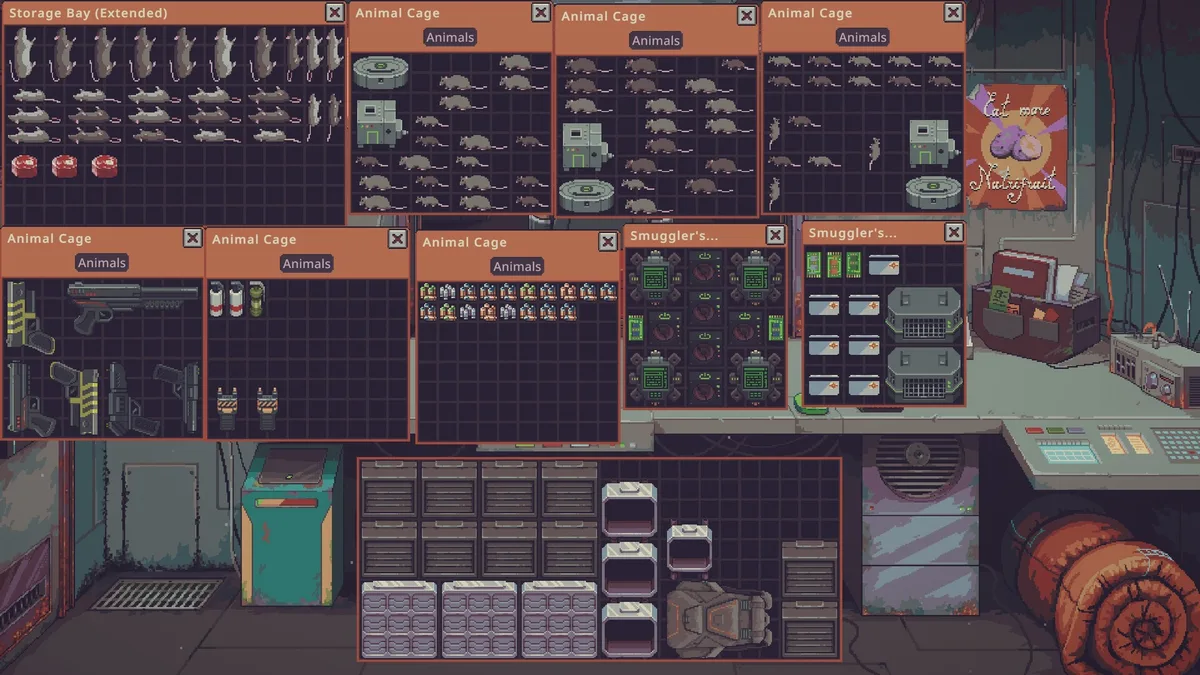 Storage bay and several animal cage windows filled with rats, beside a smuggler's bay inventory