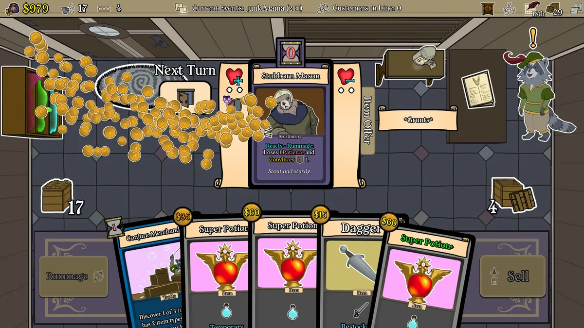 Raccoons to Riches Supply Shoppe screen showing inventory slots filled with potions and weapons alongside gold balance and upcoming rent amount