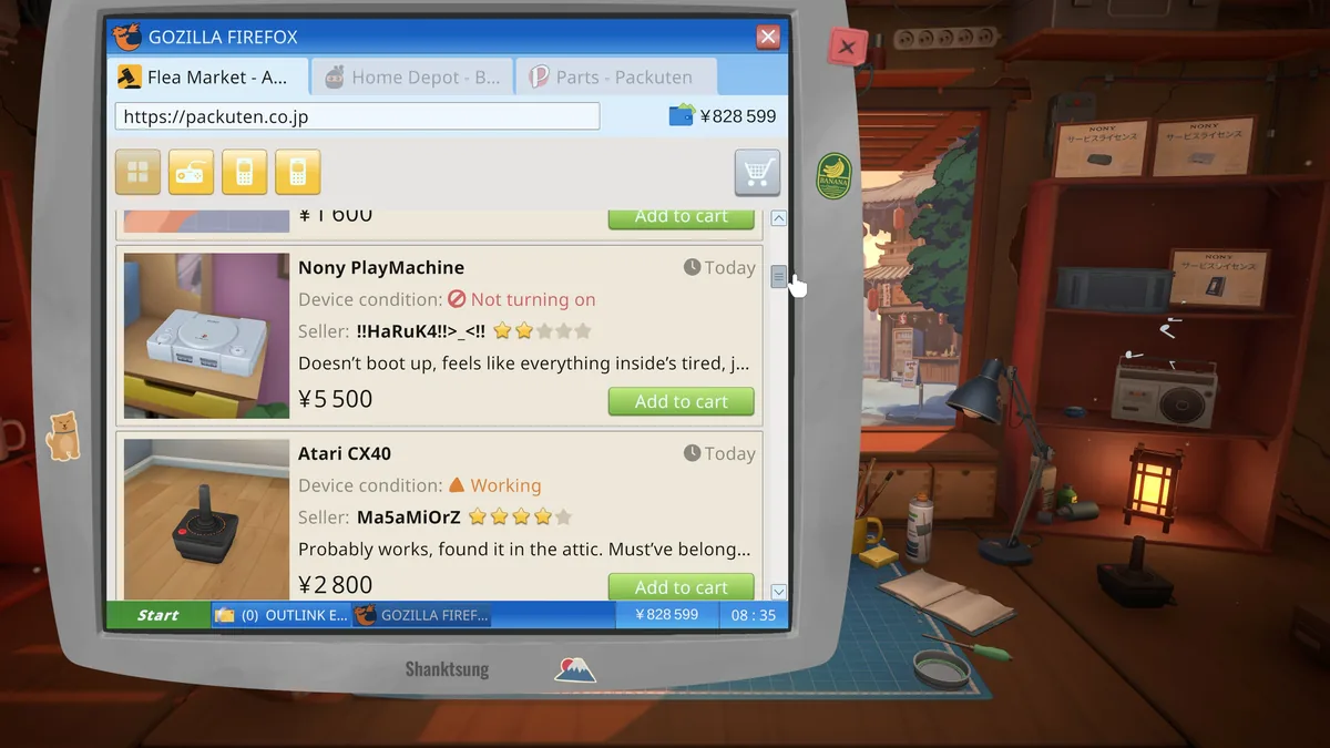 ReStory's in-game web browser parody, Gozilla Firefox, showing Flea Market listings for a broken Nony PlayMachine and a working Atari CX40 joystick