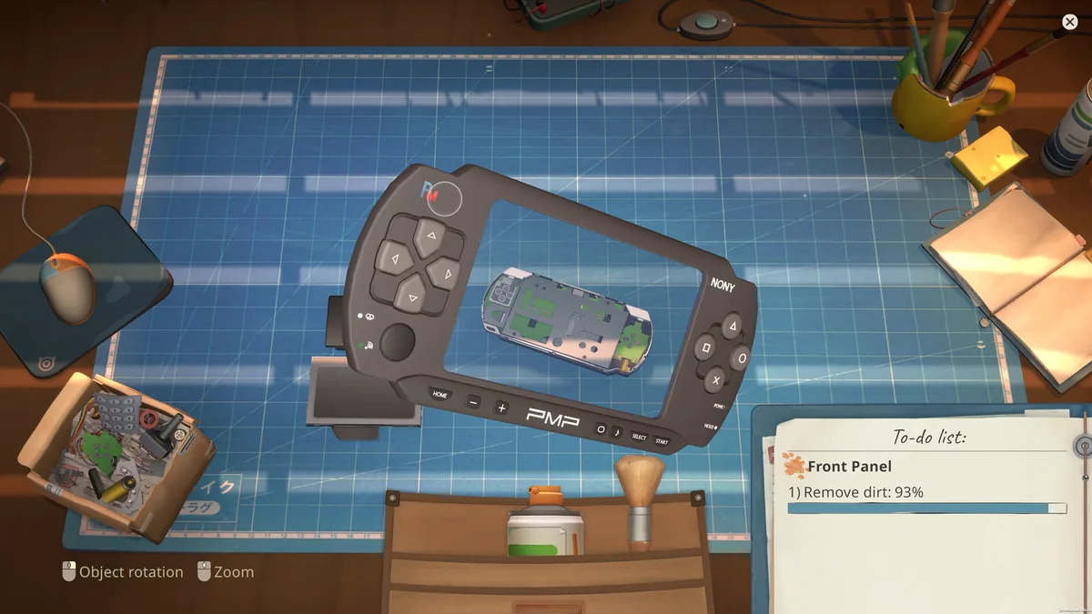 Disassembled Nony PMP handheld in ReStory's cleaning minigame, showing a 93% dirt-removal progress bar on the front panel task