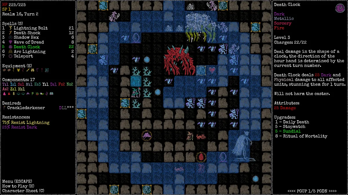 Rift Wizard 3 spell menu showing a Dark/Metallic/Sorcery spell called Death Clock with a large clock-shaped area effect covering most of the grid
