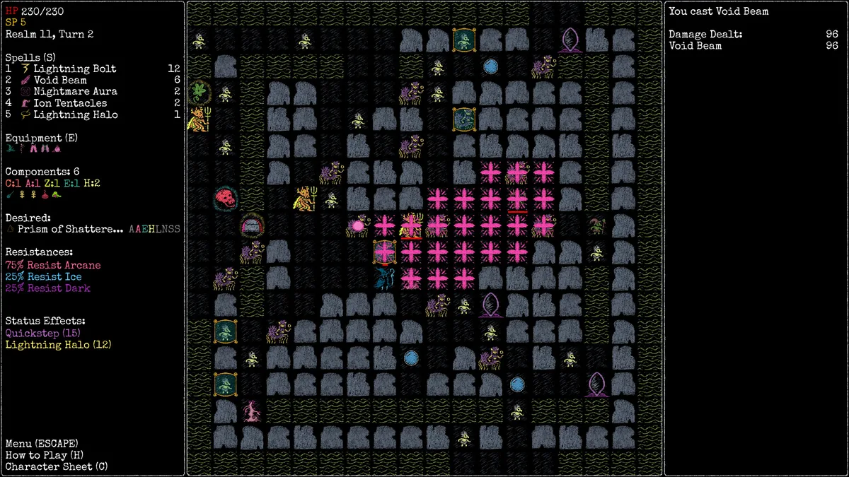 Rift Wizard 3 combat grid mid-cast, a pink X-pattern Void Beam effect covering a cluster of enemies, spell list and resistance panel visible on the sides