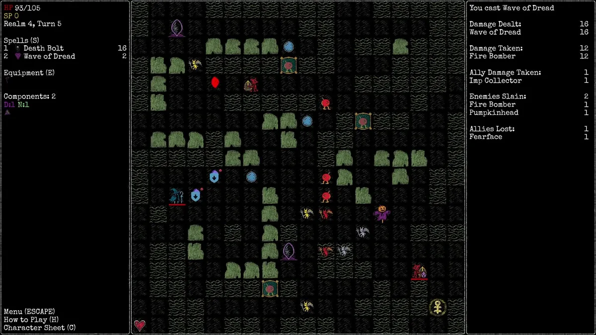 Rift Wizard 3 combat log showing Allies Lost: Fearface after casting Wave of Dread against a graveyard room of imps and pumpkin enemies