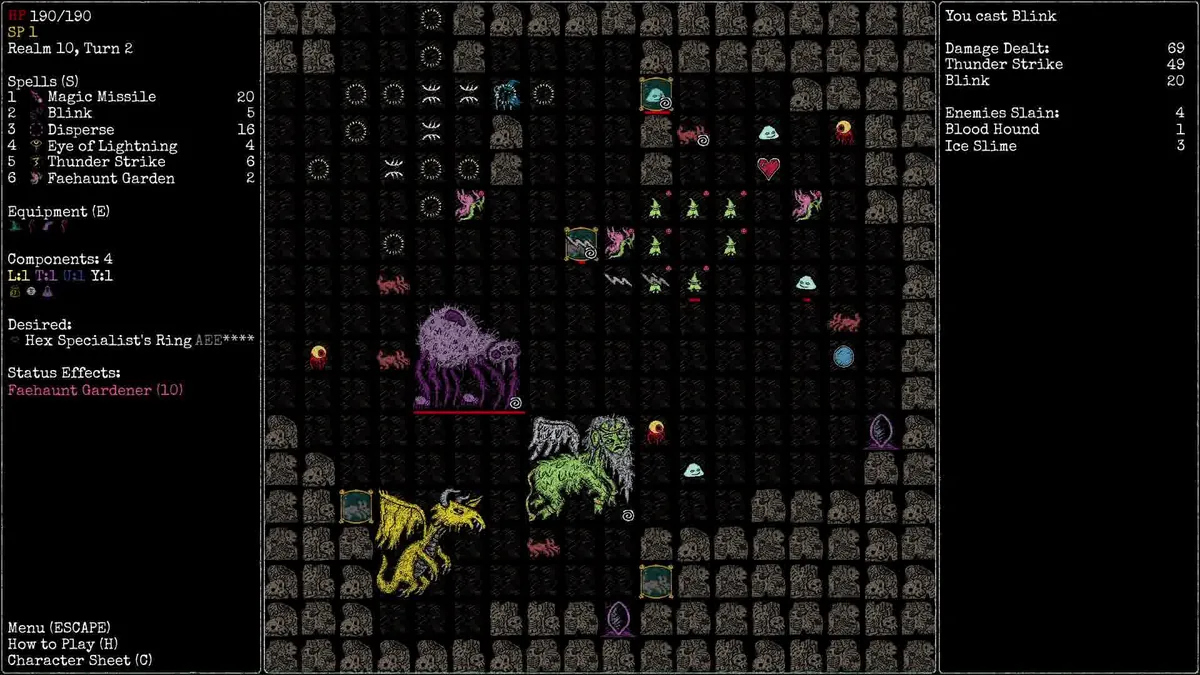 Rift Wizard 3 Realm 10 combat showing Allies Lost: Gnome after a Blink cast against dragons and a Faehaunt Gardener boss