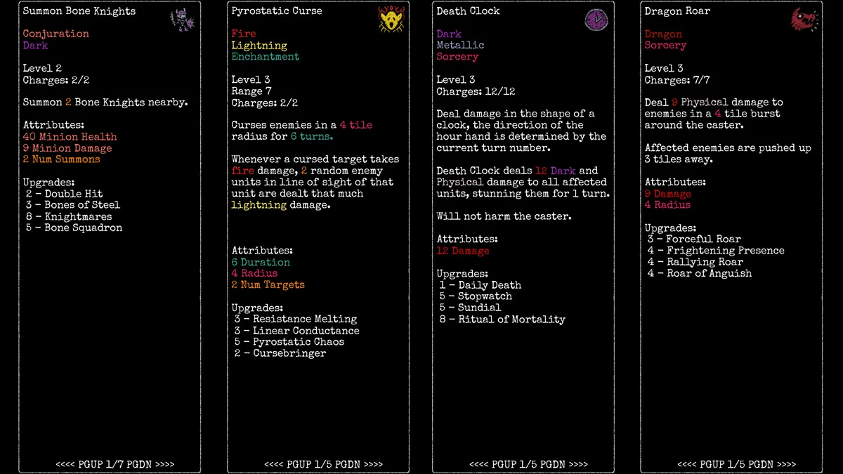 Rift Wizard 3 dungeon room with wizard spell selection panel showing eight school icons and an enemy cluster in the far grid tiles