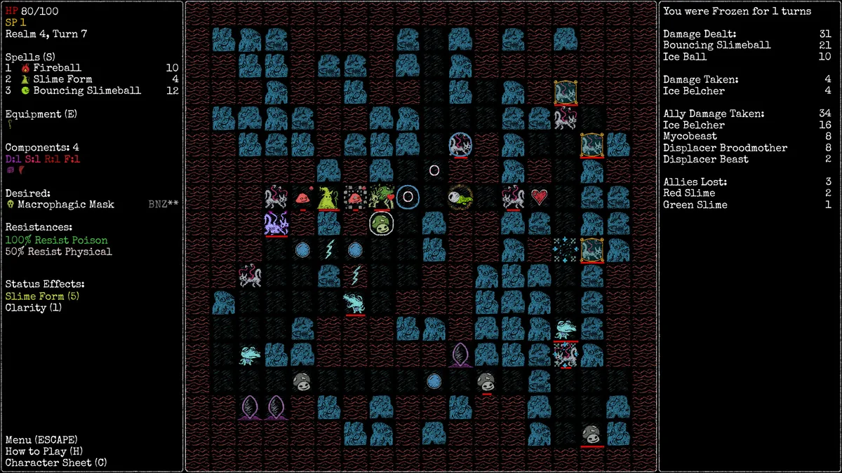 Rift Wizard 3 crafting sidebar tracking two components toward the Eye of Tamtu artifact, Skull Hornet enemy card open beside it