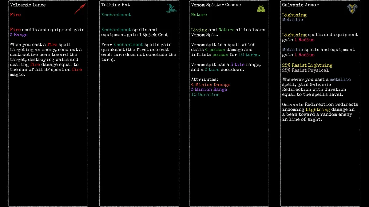 Four Rift Wizard 3 artifact cards side by side: Volcanic Lance, Talking Hat, Venom Spitter Casque, and Galvanic Armor, each listing tags and passive effects