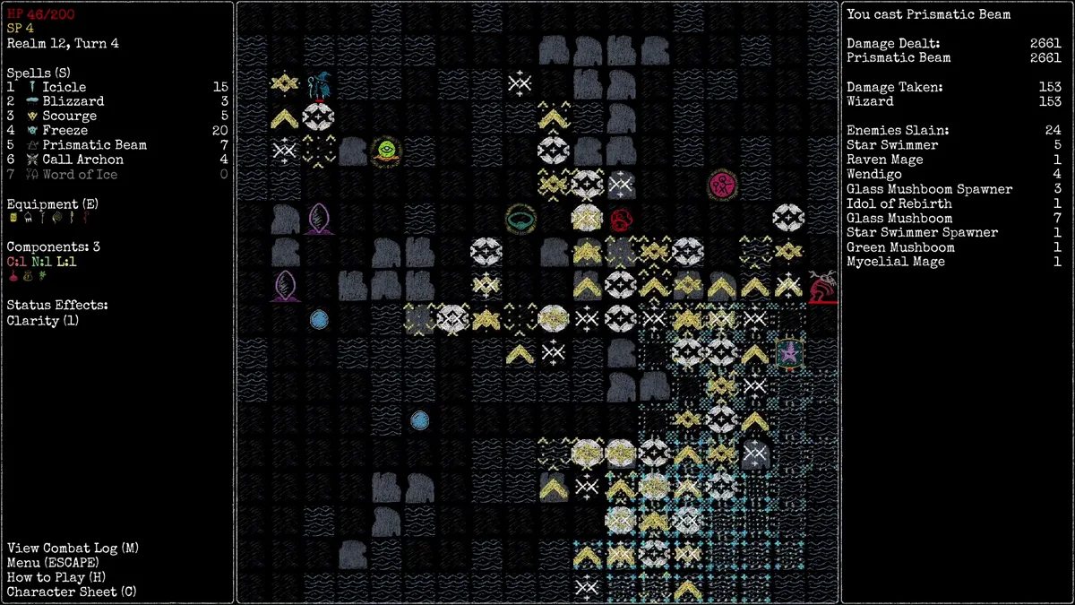 Rift Wizard 3 trailer frame: Prismatic Beam bursts in white and gold across a watery grid, spell list showing Icicle, Blizzard, Freeze and Call Archon