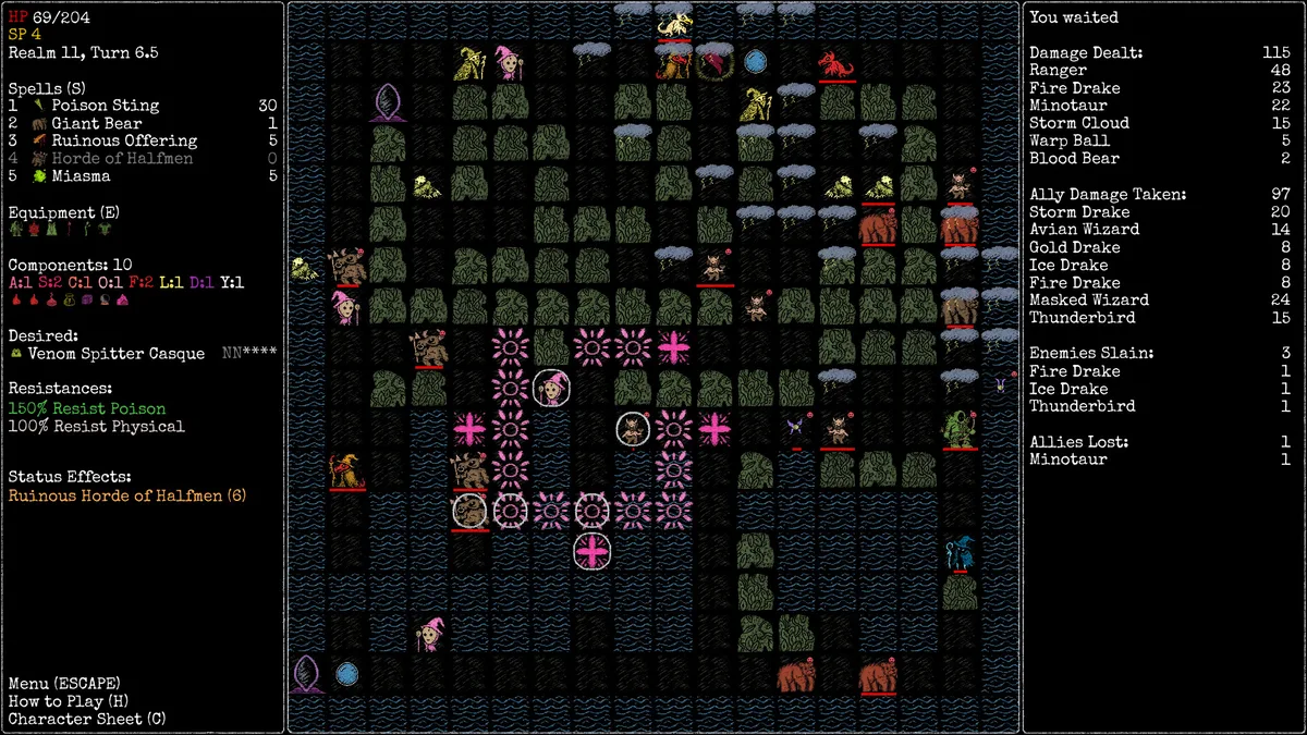 Rift Wizard 3 spell selection screen at floor 12 showing school combination options and synergy tier choices