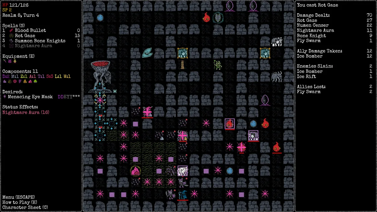 Rift Wizard 3 combat grid showing a Rot Gaze dark spell effect spreading purple particle damage across multiple enemy tiles