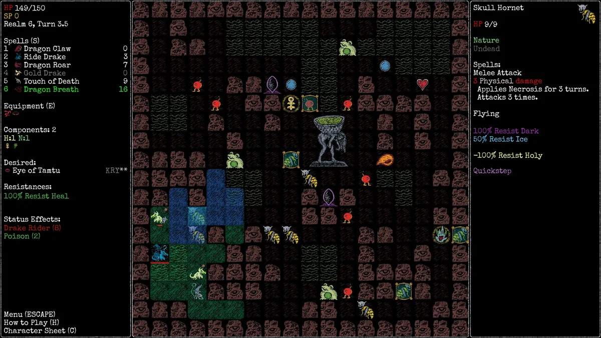 Rift Wizard 3 combat grid in Realm 6 with an enemy info panel for a Skull Hornet, showing its melee attack, flying tag, and elemental resistances