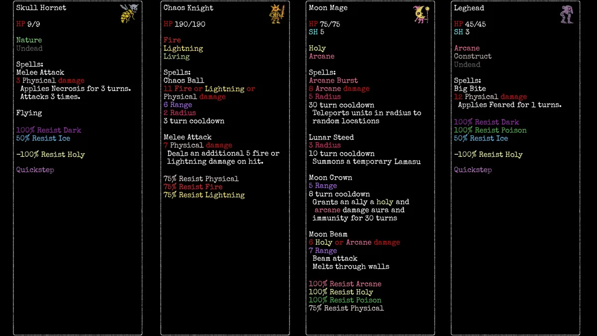 Four Rift Wizard 3 bestiary cards side by side for Skull Hornet, Chaos Knight, Moon Mage, and Leghead, listing each enemy's spells, HP, and resistances