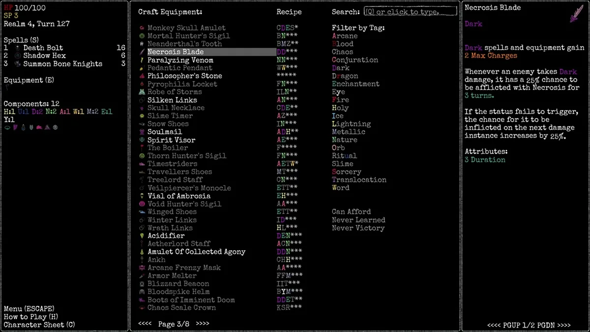 Rift Wizard 3 crafting menu listing recipes like Necrosis Blade and Robe of Storms with tag filters on the right