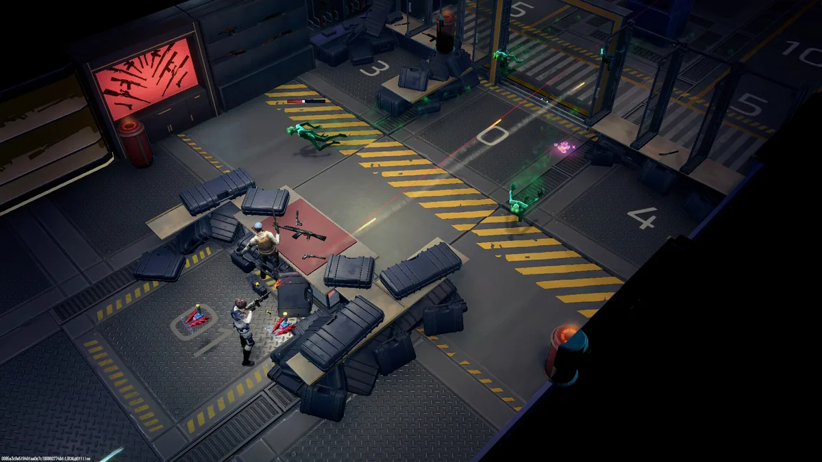 Two Weavers near a weapon rack with rifles laid out on a table, fighting two fallen translucent green enemies nearby
