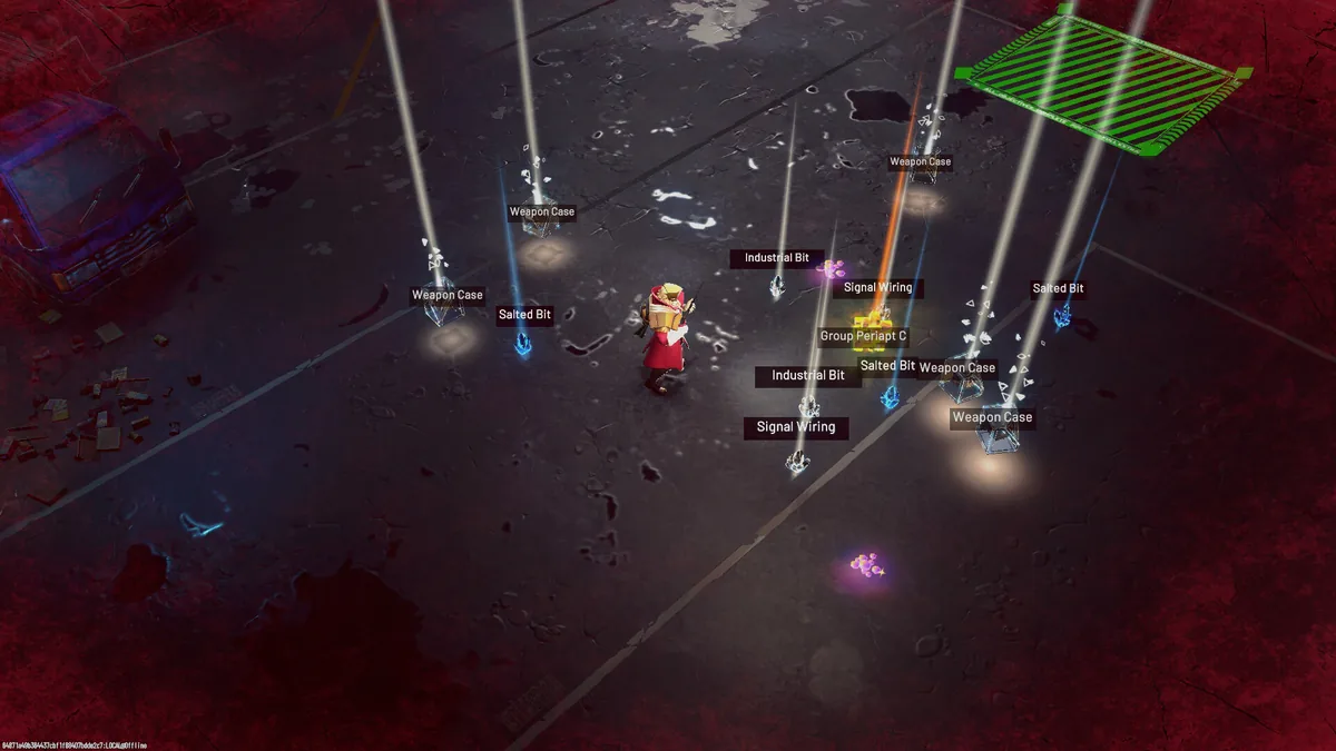 A Weaver standing among loot beams labeled Weapon Case and Salted Bit, with the green striped extraction zone marker visible in the top right corner