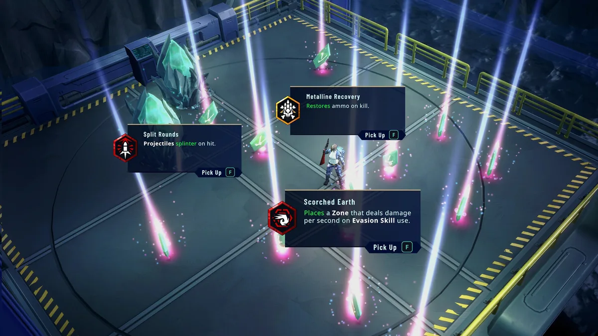 Three Lythogram pickup prompts labeled Split Rounds, Metalline Recovery, and Scorched Earth, each with a Pick Up button, in a fenced arena