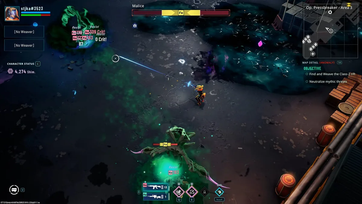 RIFTSTORM's squad panel showing two empty "No Weaver" slots during a solo fight against the Malice encounter