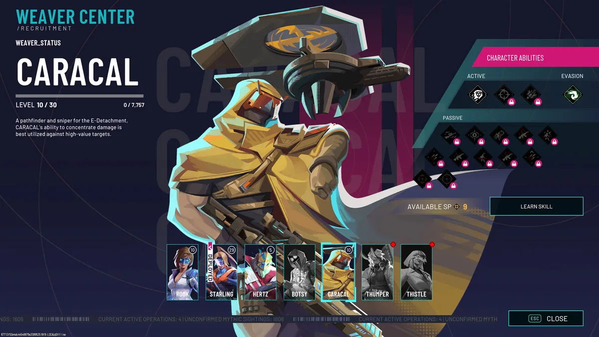 RIFTSTORM's Weaver Center showing Caracal's loadout screen alongside the full seven-Weaver roster, including two still-locked units
