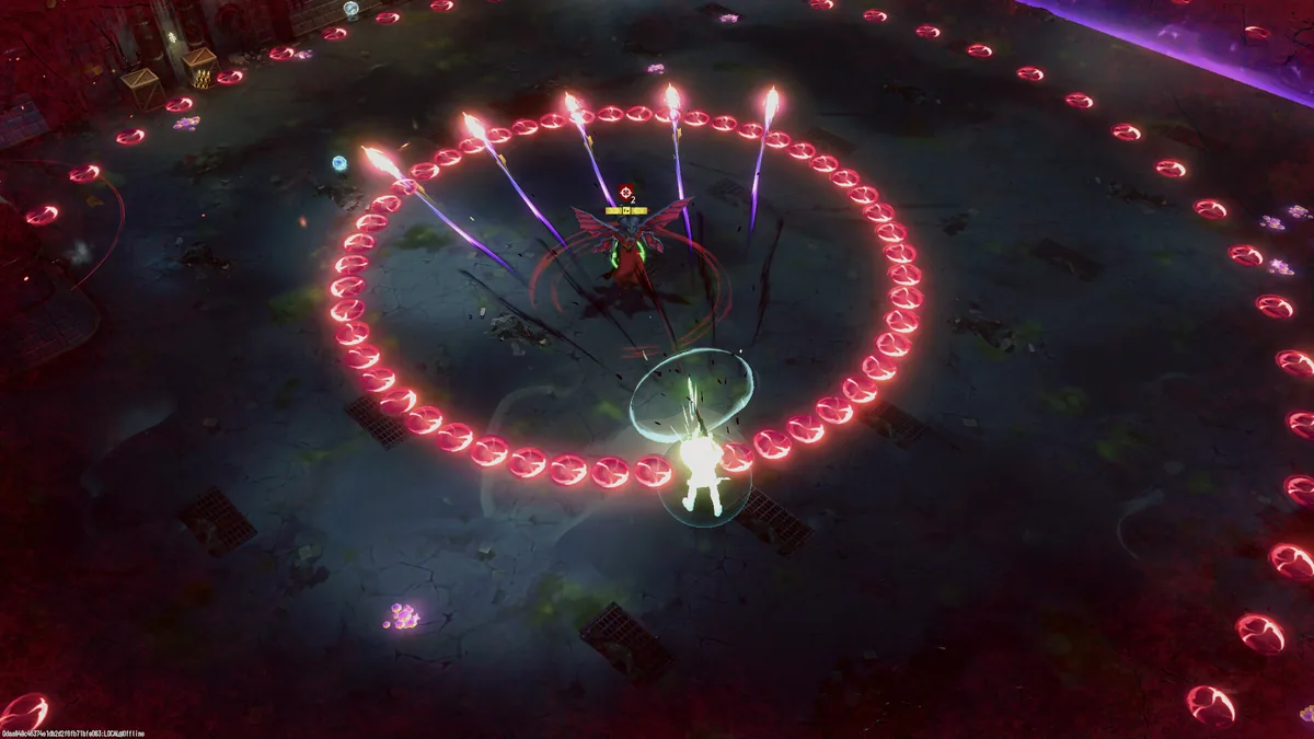 A winged Mythic enemy unleashing a full-circle ring of fiery blade projectiles around a Weaver sheltering in a small shield.