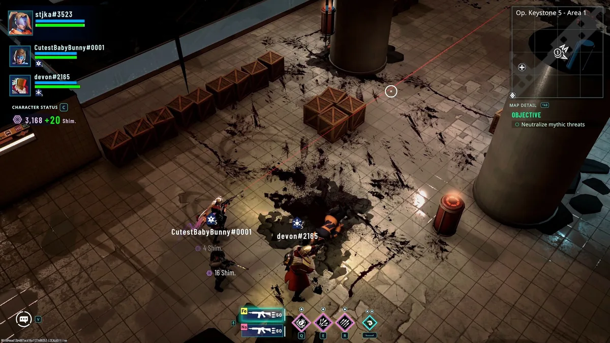 A three-player squad HUD during Op. Keystone 5, showing teammate health bars and the mission's neutralize mythic threats objective.