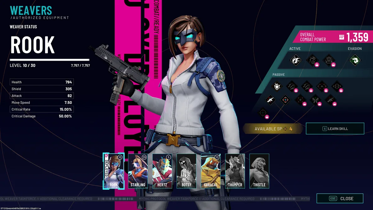 The Weaver equipment screen showing Rook's stats alongside two grayed-out locked character slots labeled Thumper and Thistle.