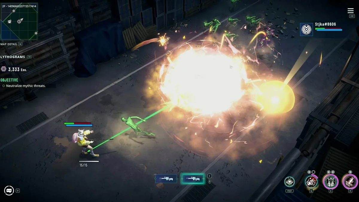 A Weaver firing a sniper rifle at a massive fiery rift explosion, with the Lythograms panel showing 3,333 Ess. and a Neutralize Mythic Threats objective visible in the HUD