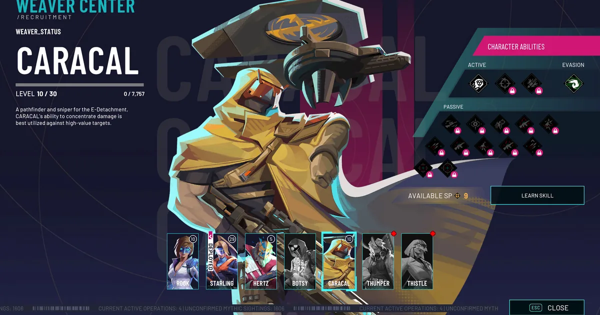 RIFTSTORM's Weaver Center recruitment screen with Caracal selected, showing locked silhouette cards for Thumper and Thistle beside the five launch Weavers