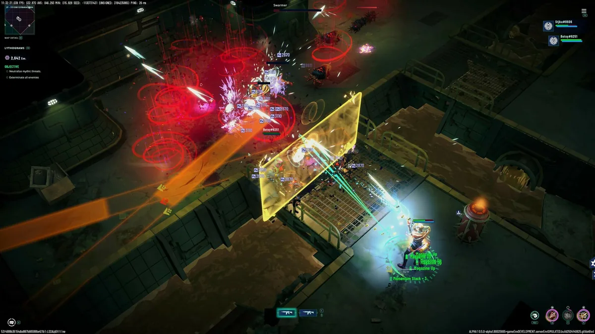RIFTSTORM combat HUD showing a player stacking Momentum and Magazine Up buffs while a squadmate tagged Botsy fights nearby