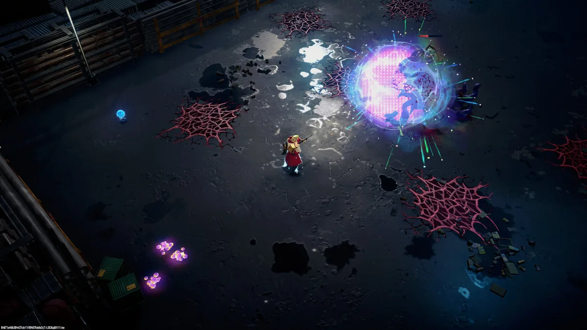A lone Weaver facing a large pink rift-energy explosion, with red web-like hazard patches spreading across the ground of a dim industrial yard