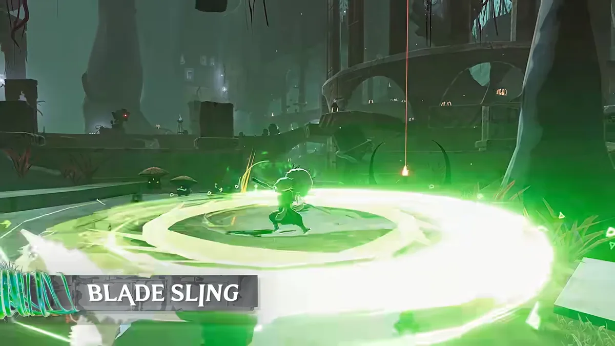 Acolyte in a ruined green-lit hall throwing her glaive, a spinning green ring around her and the label Blade Sling