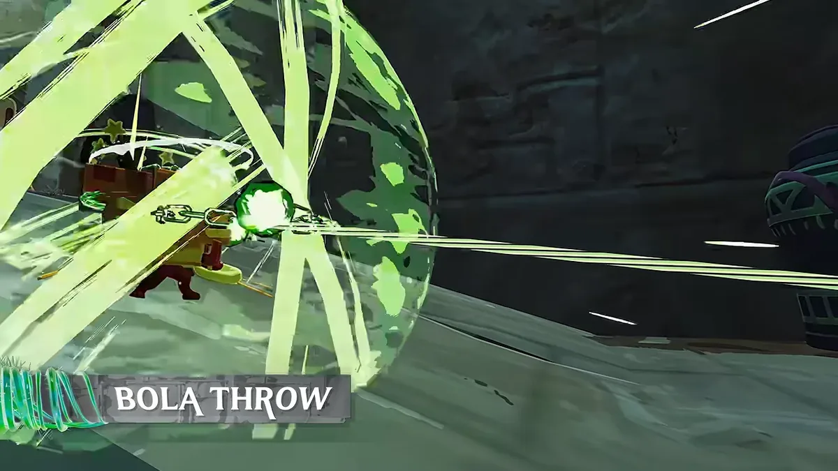 Acolyte's glaive and chains striking a stone figure in a green explosion, with the on-screen label Bola Throw