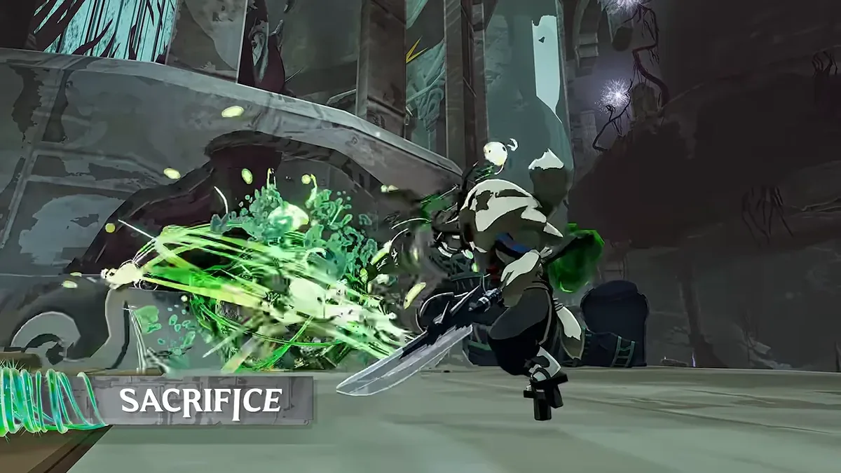 Acolyte from behind swinging her glaive into a stone enemy amid green energy, with the on-screen label Sacrifice