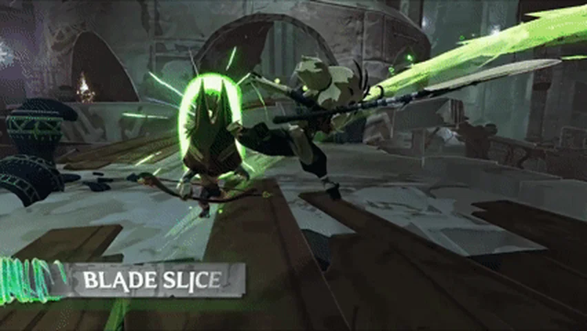 Acolyte, masked and glowing green, slashing a stone enemy with her glaive in a ruined hall, with the on-screen label Blade Slice