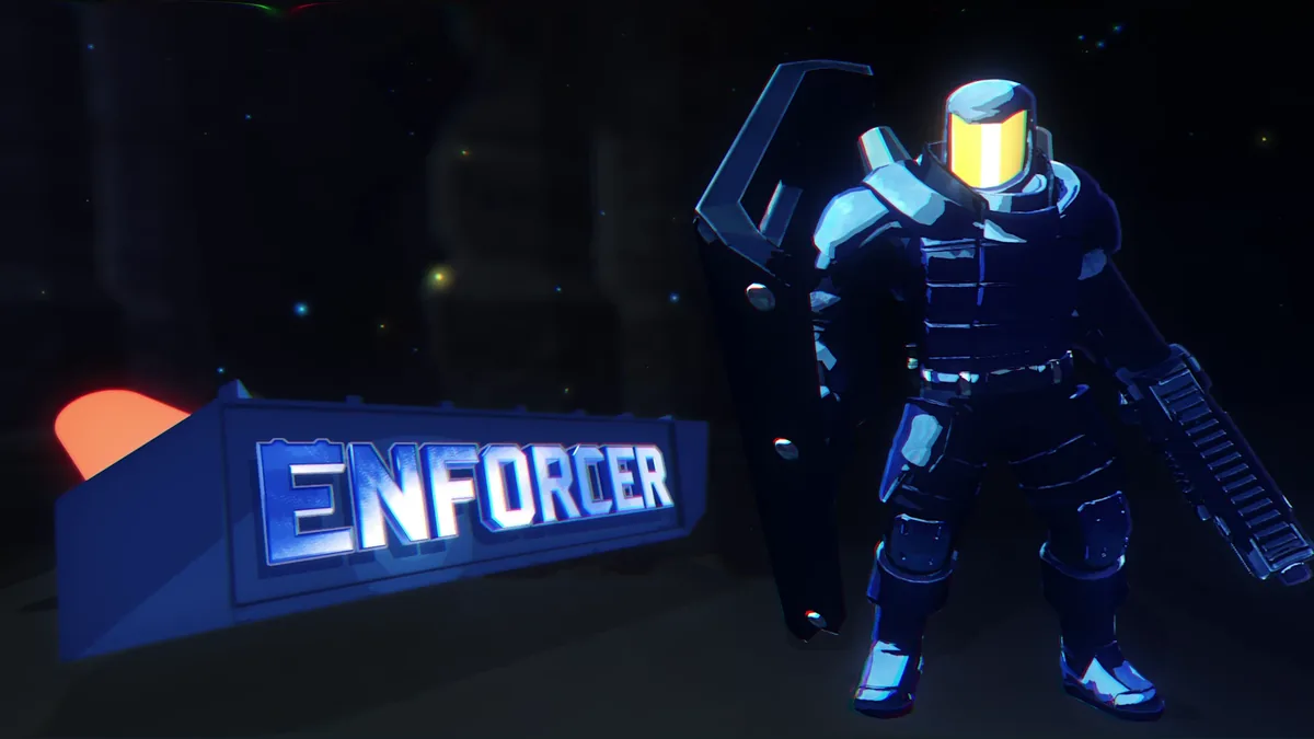 Enforcer, an armored survivor with a riot shield in one hand and a gun in the other, standing beside his blue name plate
