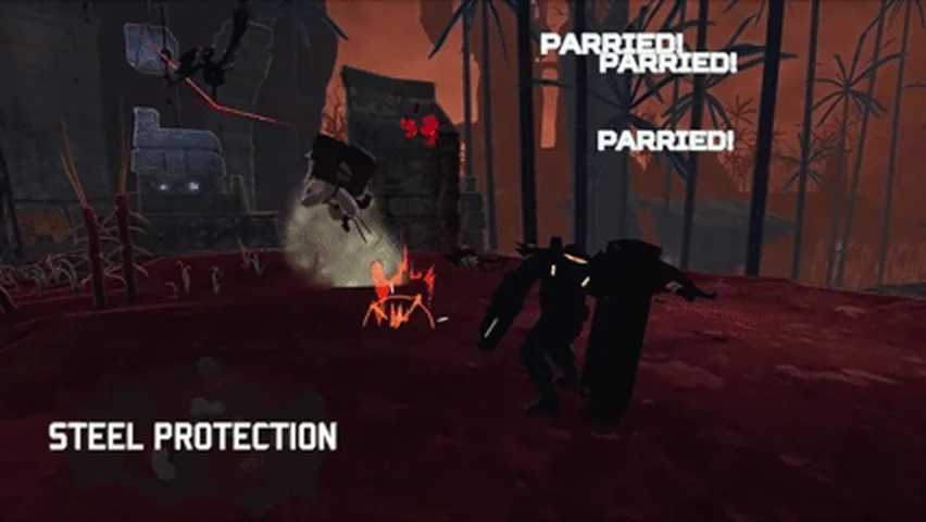 Enforcer holding his shield up in a red-lit forest while several Parried! pop-ups float above him and a struck enemy reels back, with the label Steel Protection