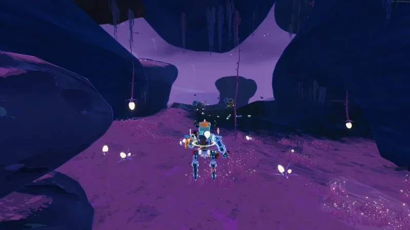 Risk of Rain 2 robot survivor moving through a purple cavern lit by hanging lamps and blue foliage