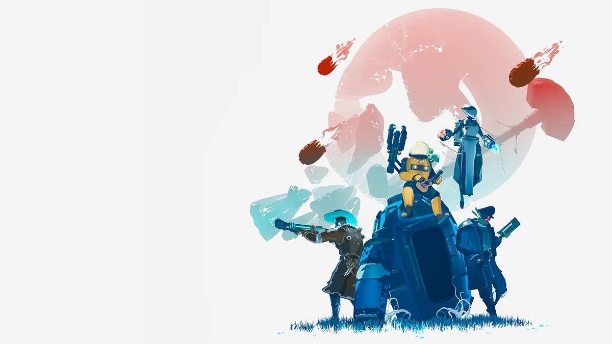 Risk of Rain 2 survivors gathered beside their ship in the game's official white and coral key art