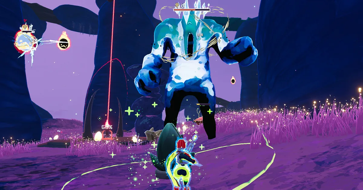 Risk of Rain 2 survivor firing on a large ice-covered humanoid boss with a red health bar in a purple-lit cave environment